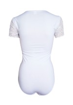 Floral Lace Short Sleeve Soft Leotard Bodysuit White